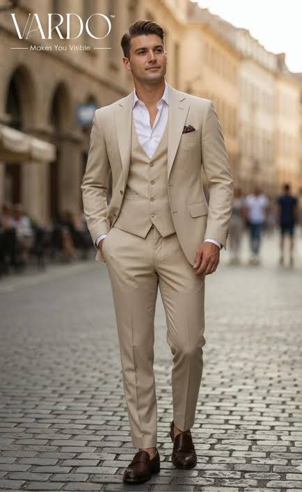Men’s Beige 3-Piece Wedding Suit for Formal Events